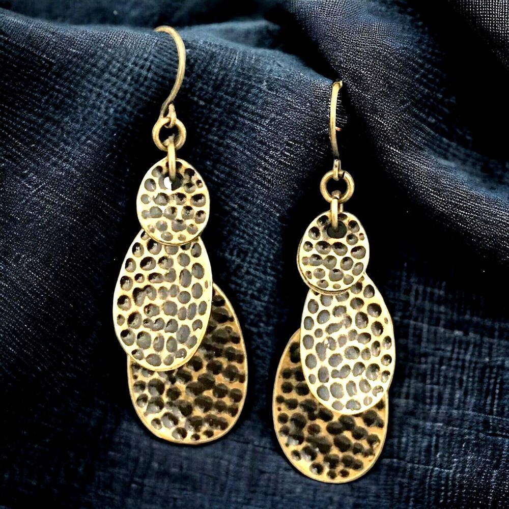 New Hammered Drop Earrings Antiqued Brass Tone Pierced - 1Q